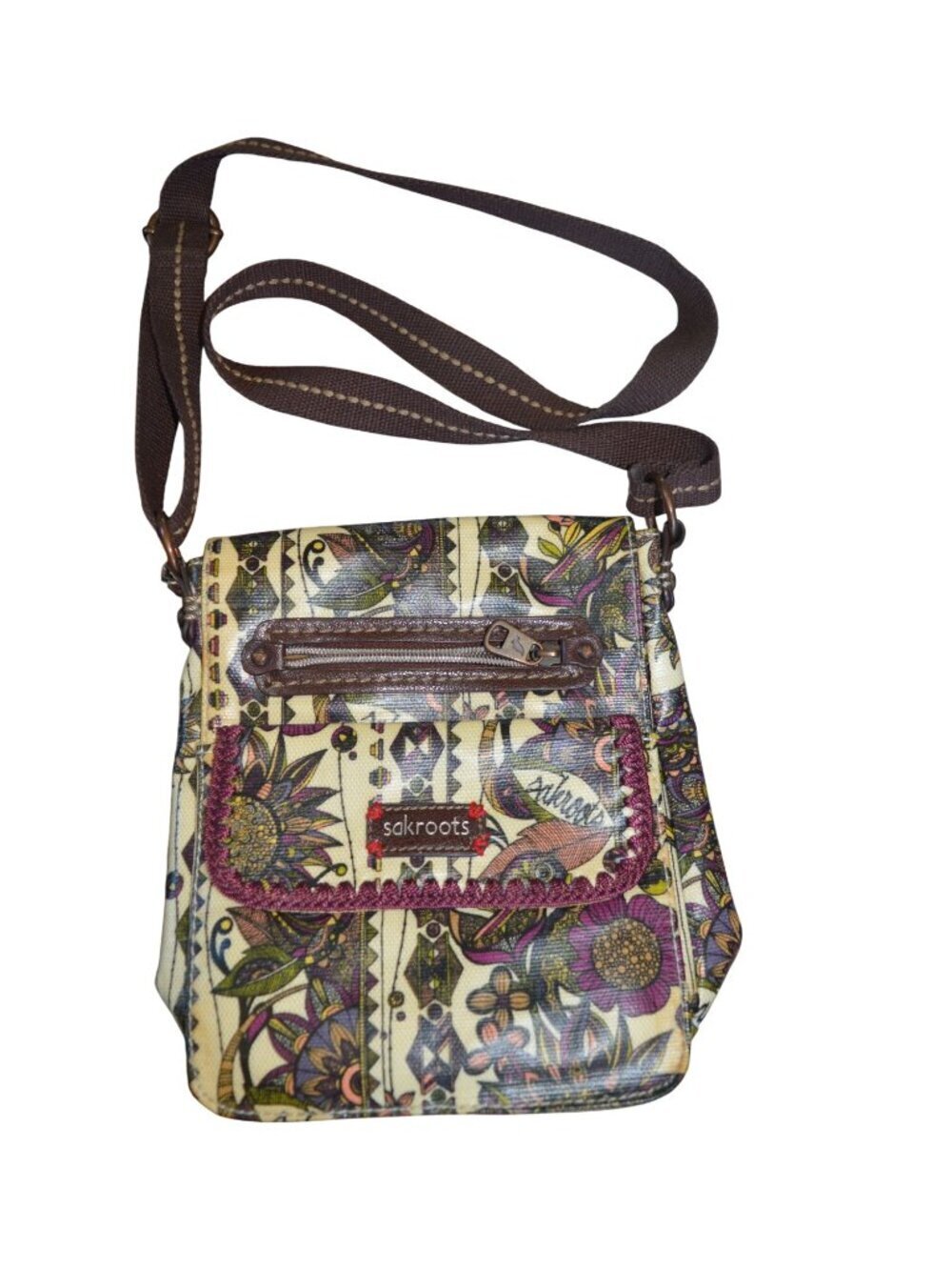 Sakroots Peace Owl Boho Floral Coated Canvas Crossbody Purse Bag Earth Tone Fall